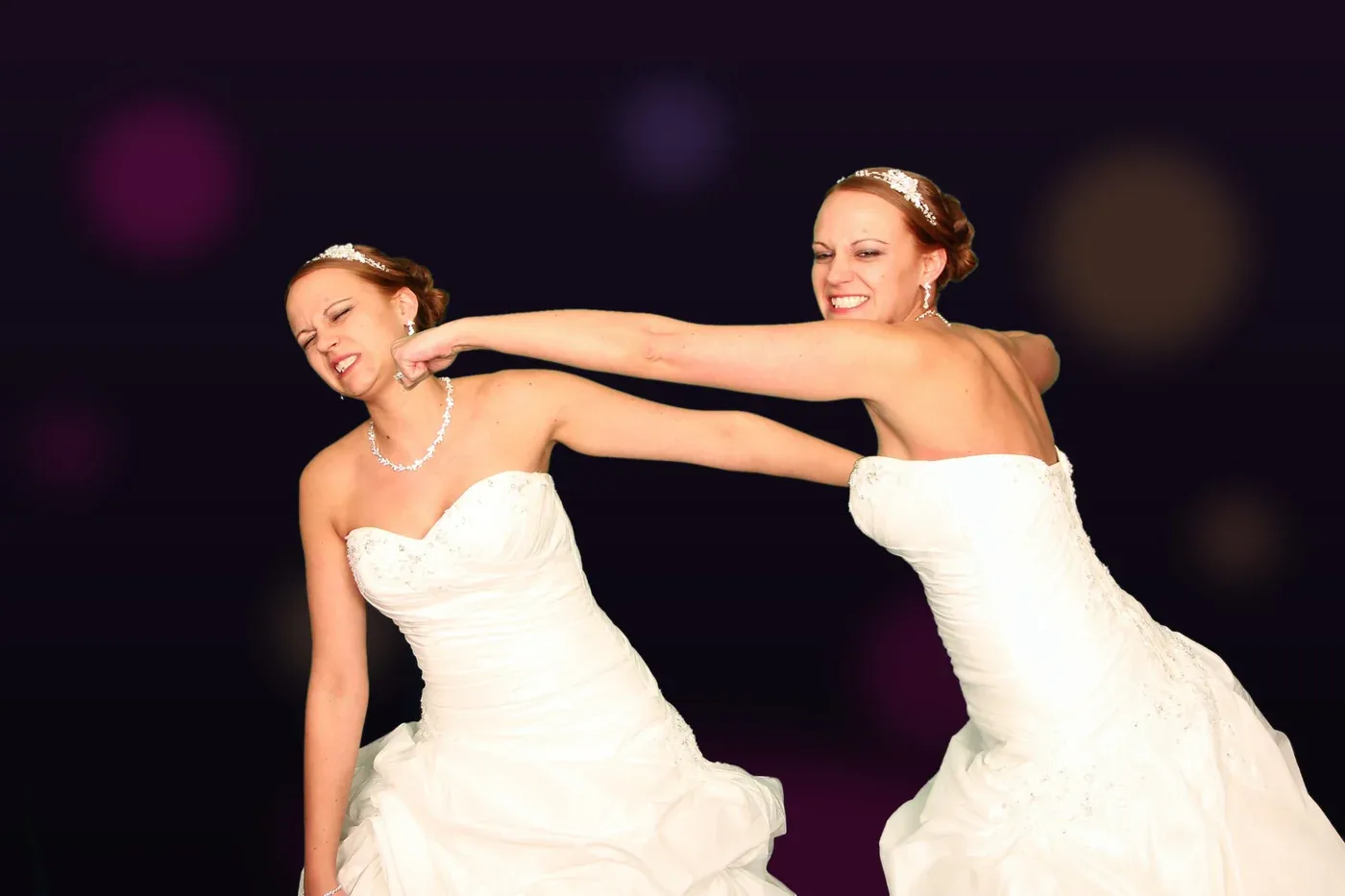 Double Take photo — a bride playfully posing with herself